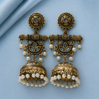 Neel Kamal Antique Lotus Jhumka Earrings on a powder blue satin backdrop