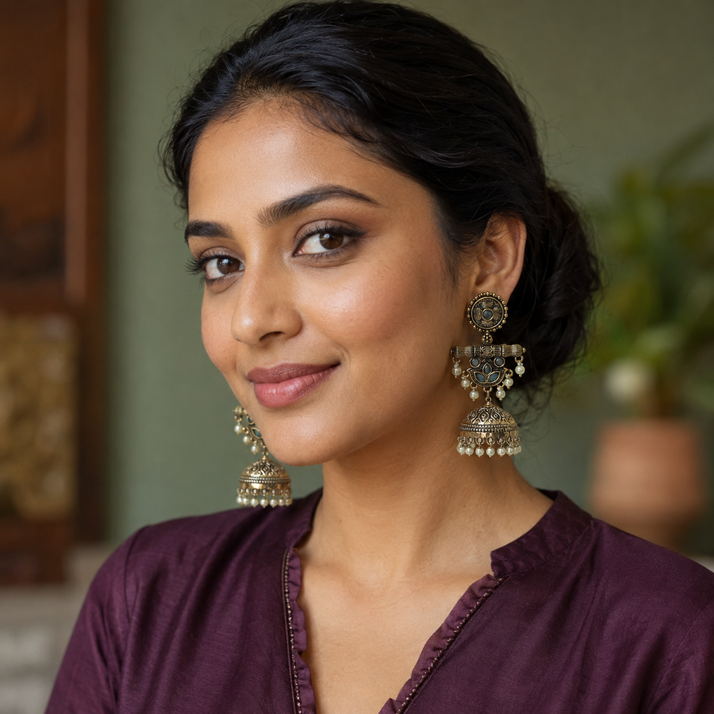 Neel Kamal Antique Lotus Jhumka Earrings worn by a model