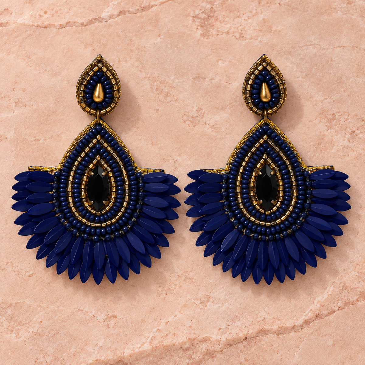 Neel Navy Petal Fringe Earrings | MyJhumki