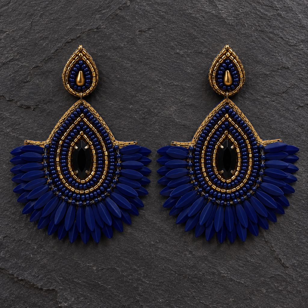 Neel Navy Petal Fringe Earrings | MyJhumki
