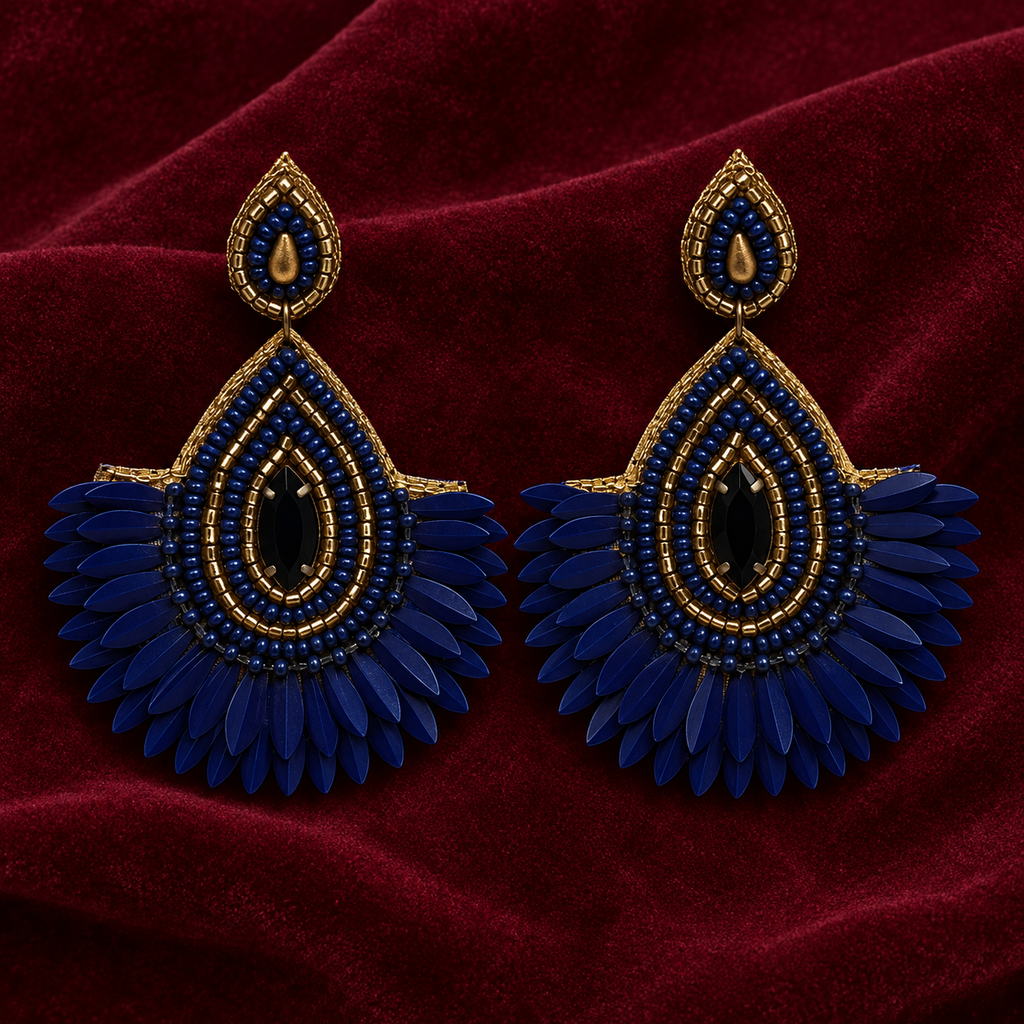 Neel Navy Petal Fringe Earrings | MyJhumki
