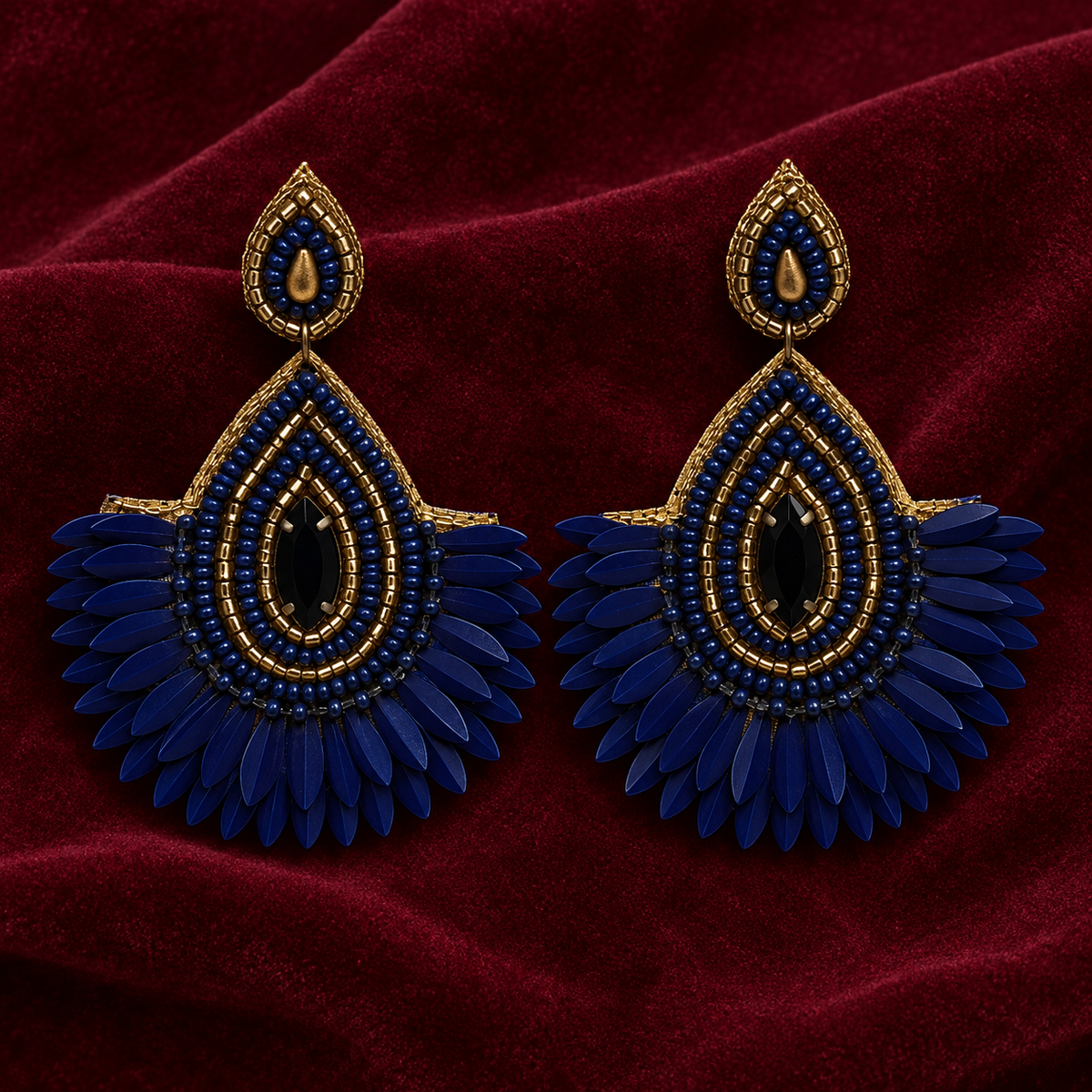 Neel Navy Petal Fringe Earrings | MyJhumki