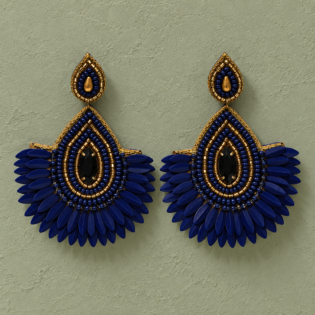 Neel Navy Petal Fringe Earrings | MyJhumki