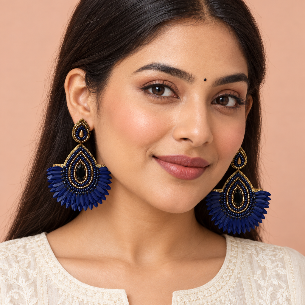 Neel Navy Petal Fringe Earrings | MyJhumki