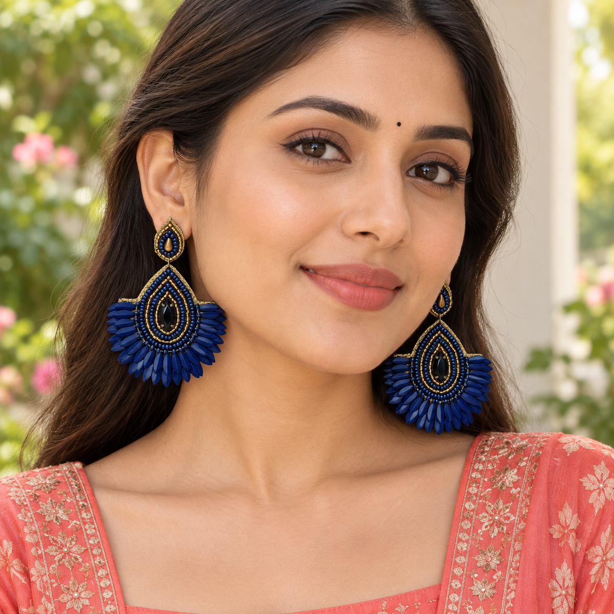Neel Navy Petal Fringe Earrings | MyJhumki