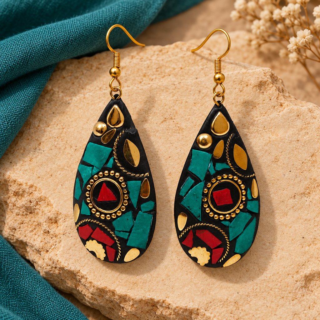 Neer Teal Red Mosaic Teardrop Earrings | MyJhumki