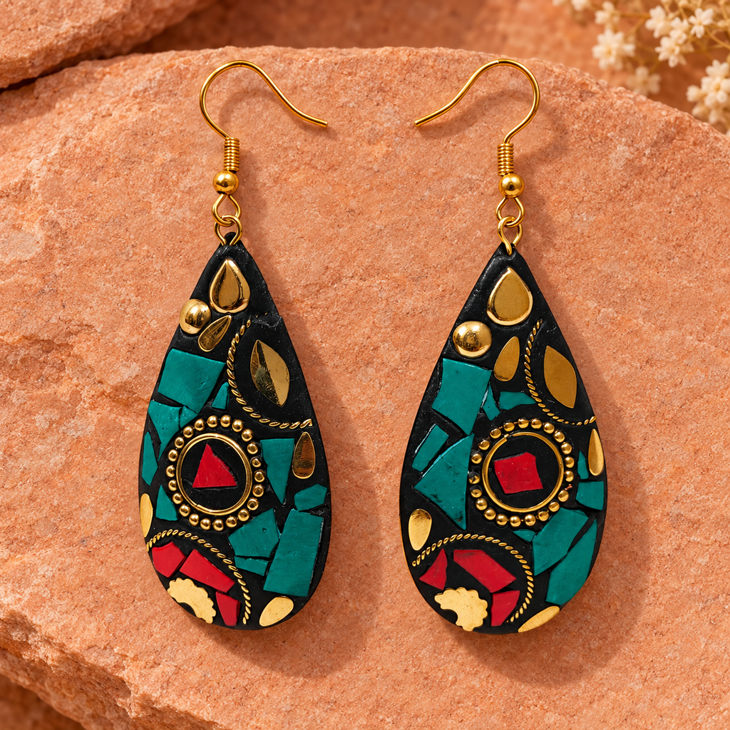 Neer Teal Red Mosaic Teardrop Earrings | MyJhumki