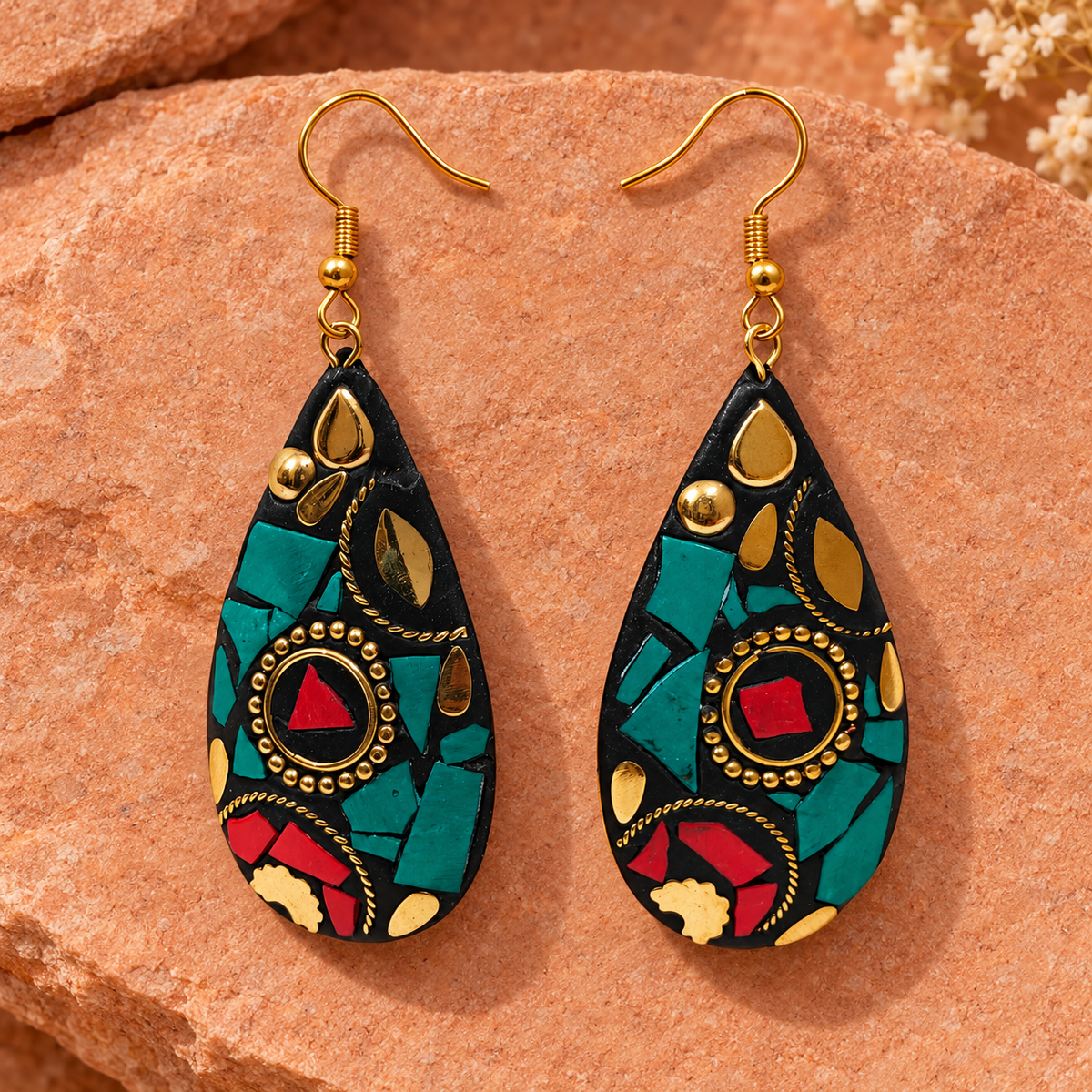 Neer Teal Red Mosaic Teardrop Earrings | MyJhumki