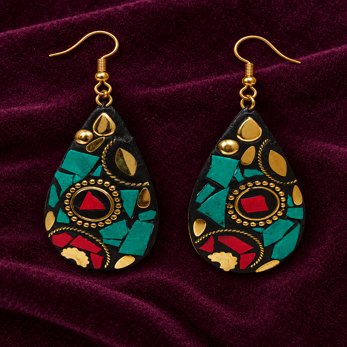 Neer Teal Red Mosaic Teardrop Earrings | MyJhumki