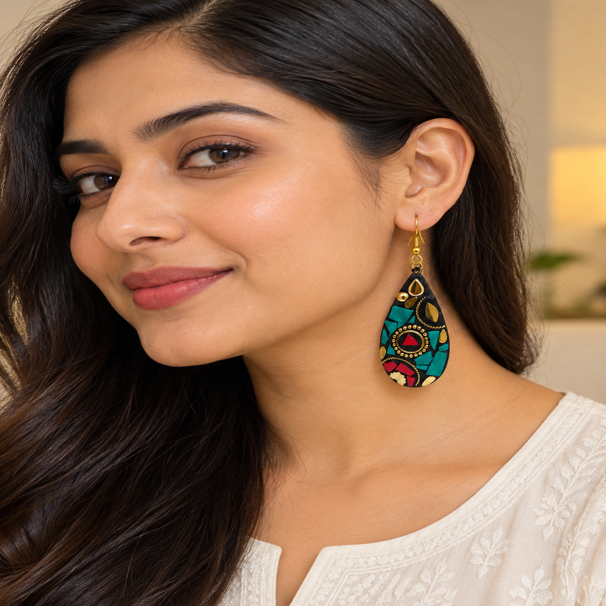 Neer Teal Red Mosaic Teardrop Earrings | MyJhumki
