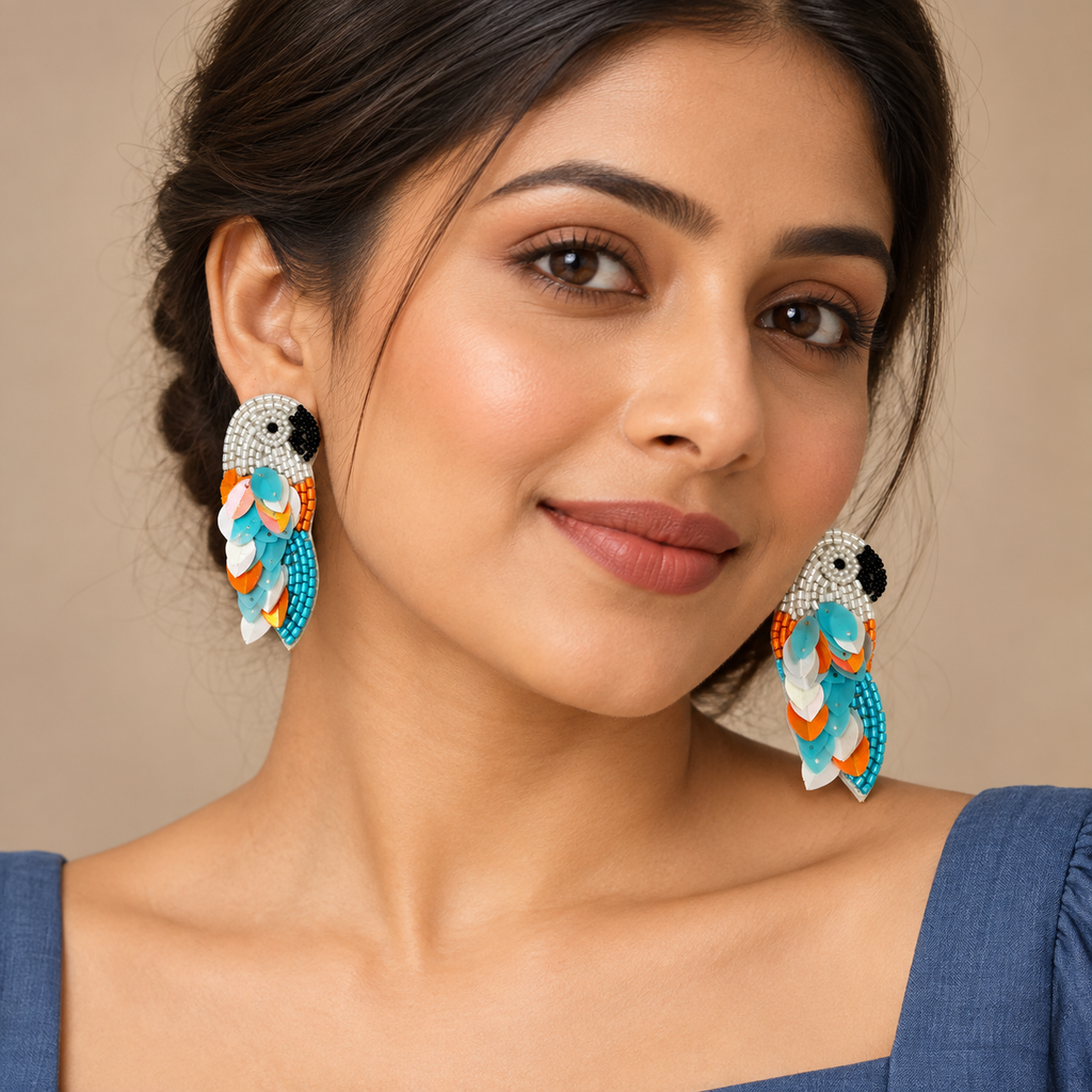 Neerja Aqua Parrot Statement Earrings | MyJhumki