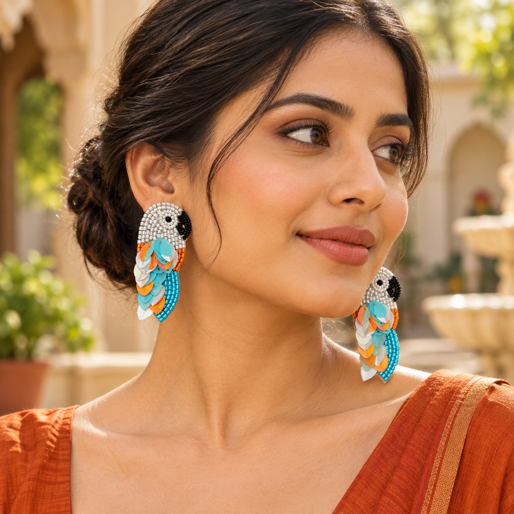 Neerja Aqua Parrot Statement Earrings | MyJhumki