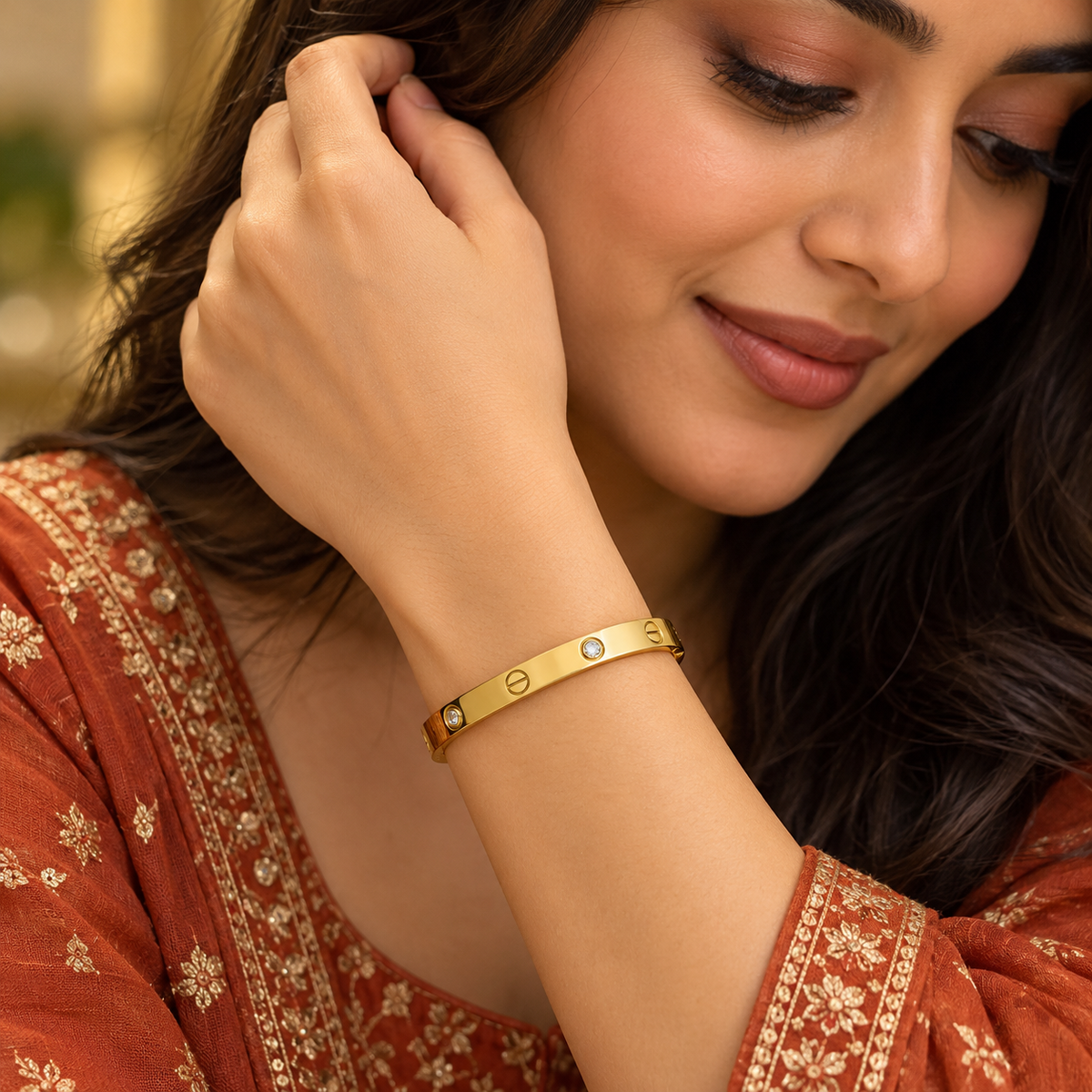 Nitya Crystal Accent Gold Bangle Bracelet | MyJhumki