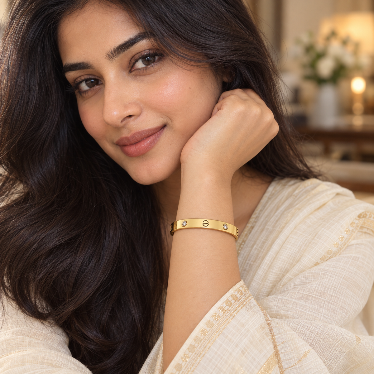 Nitya Crystal Accent Gold Bangle Bracelet | MyJhumki