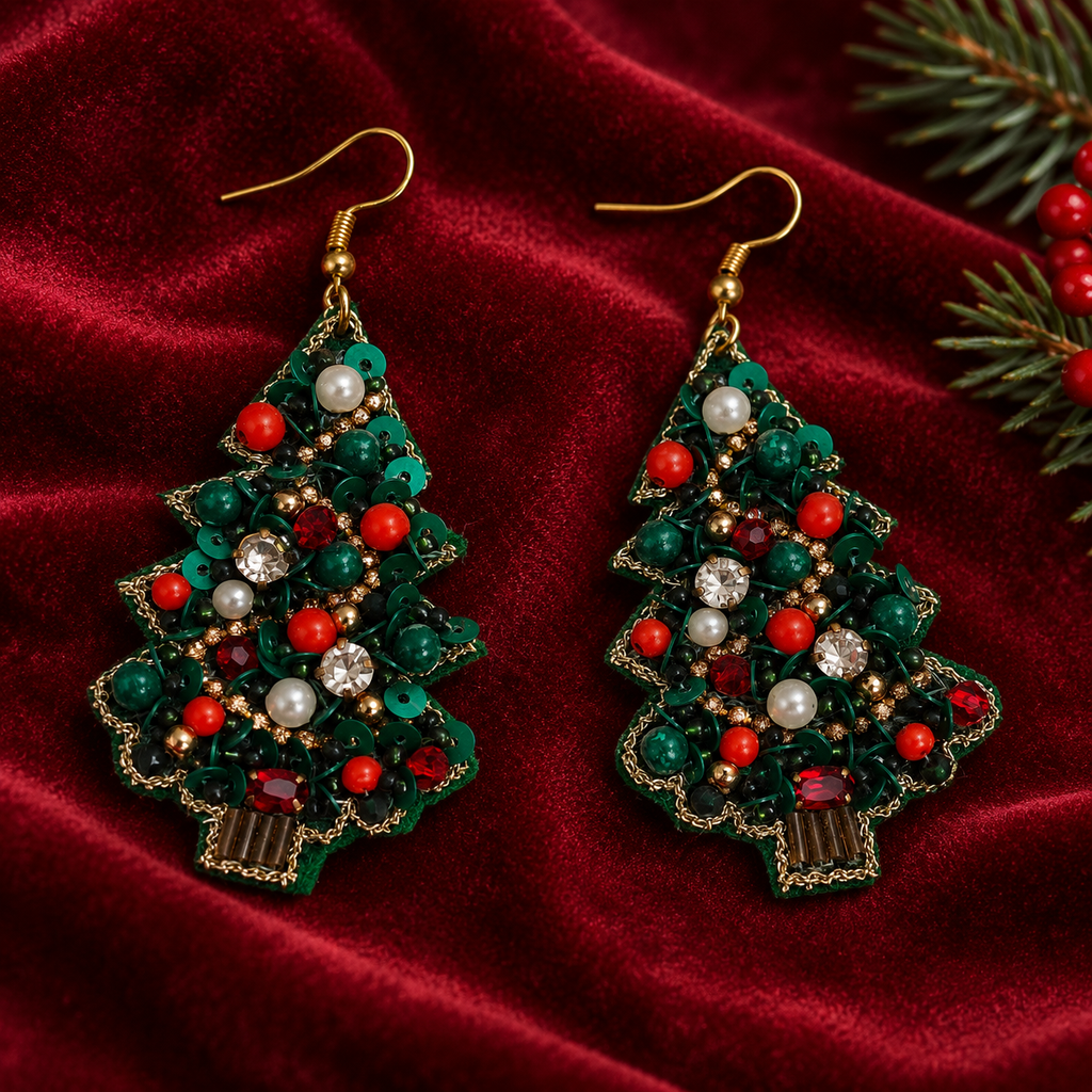 Noelle Green Christmas Tree Statement Earrings | MyJhumki