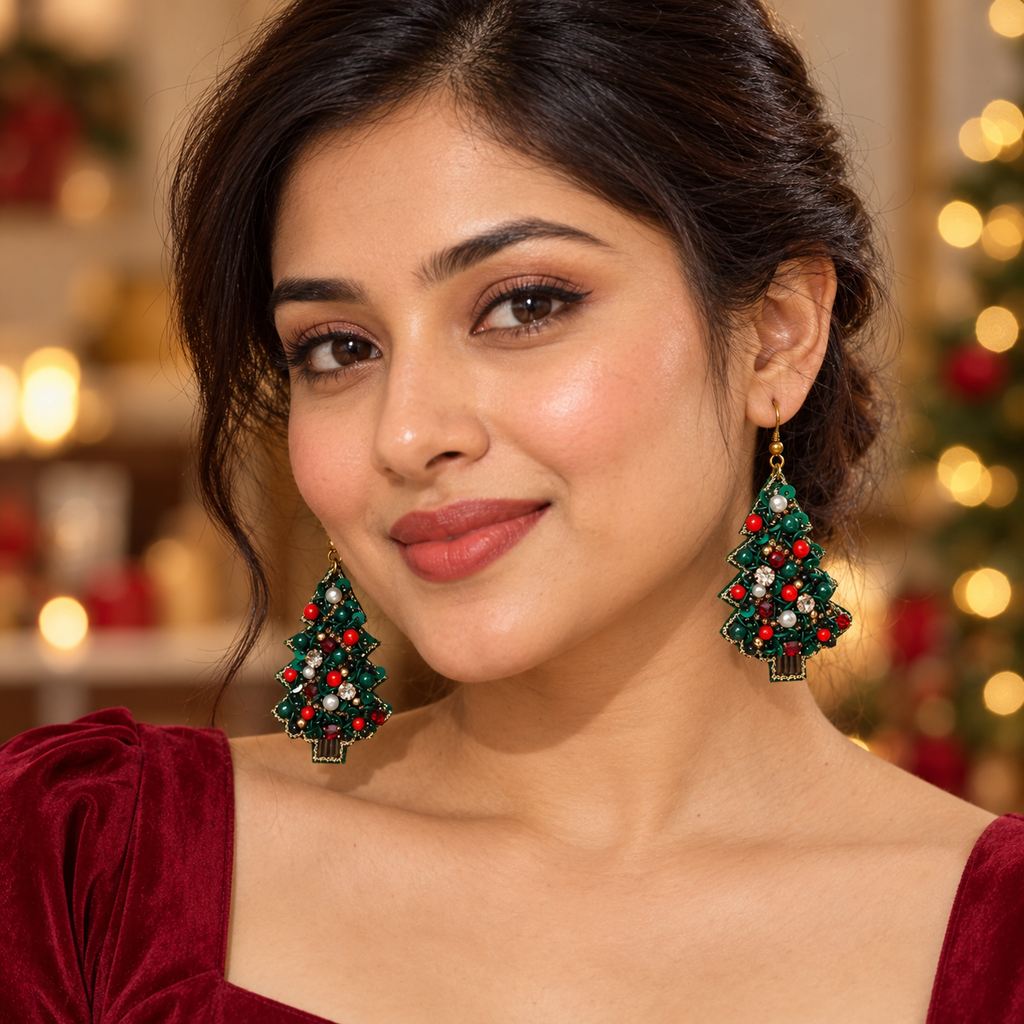Noelle Green Christmas Tree Statement Earrings | MyJhumki