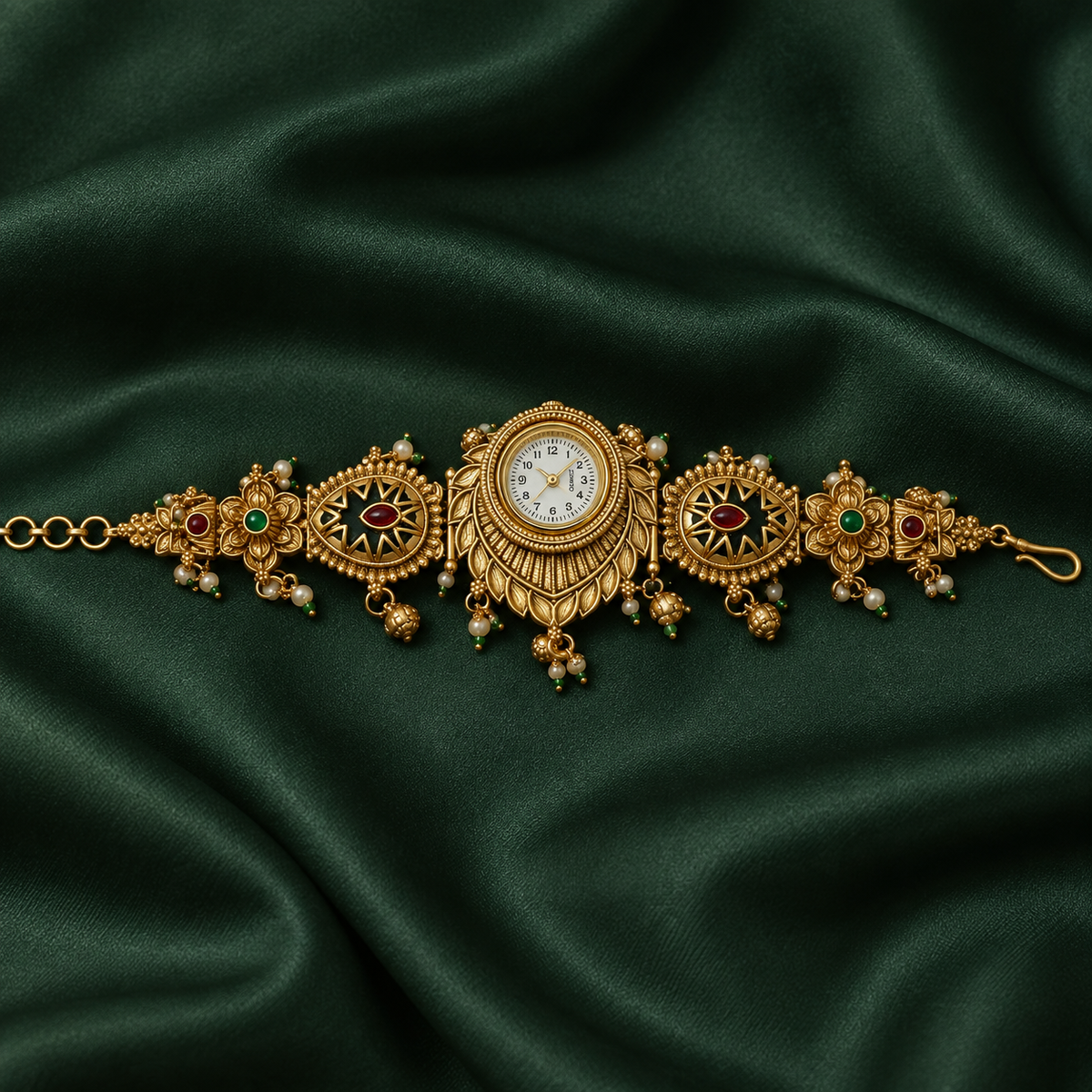 Noor Antique Enamel Kashmiri Jewellery Watch on an emerald silk backdrop