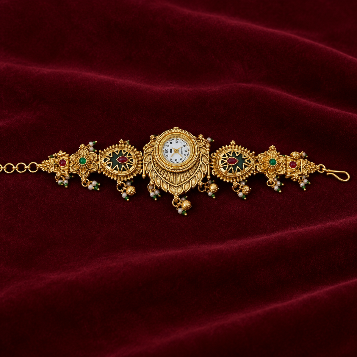 Noor Antique Enamel Kashmiri Jewellery Watch on a wine velvet backdrop