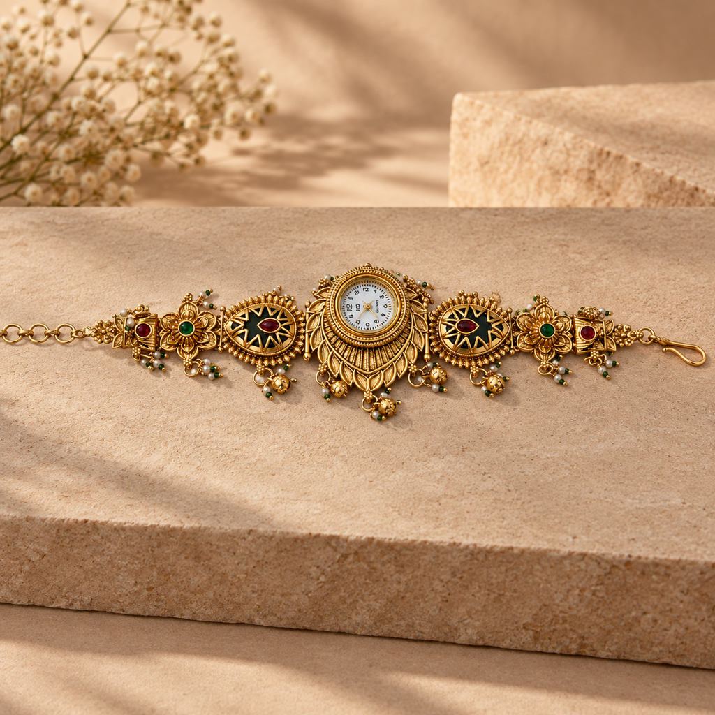 Noor Antique Enamel Kashmiri Jewellery Watch photographed in a sandstone studio setting