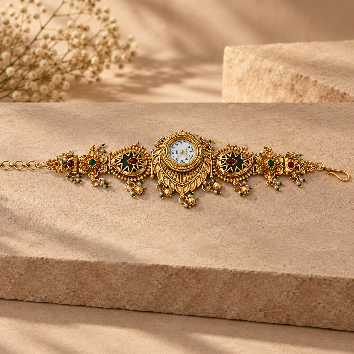 Noor Antique Enamel Kashmiri Jewellery Watch photographed in a sandstone studio setting