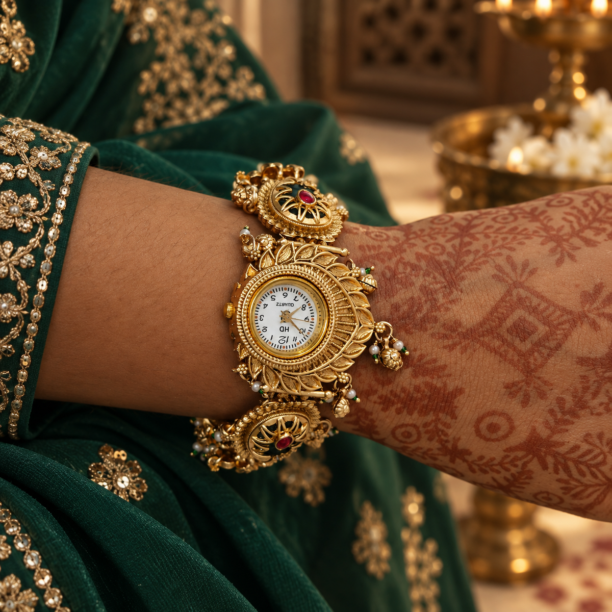 Model wearing the Noor Antique Enamel Kashmiri Jewellery Watch with an emerald outfit