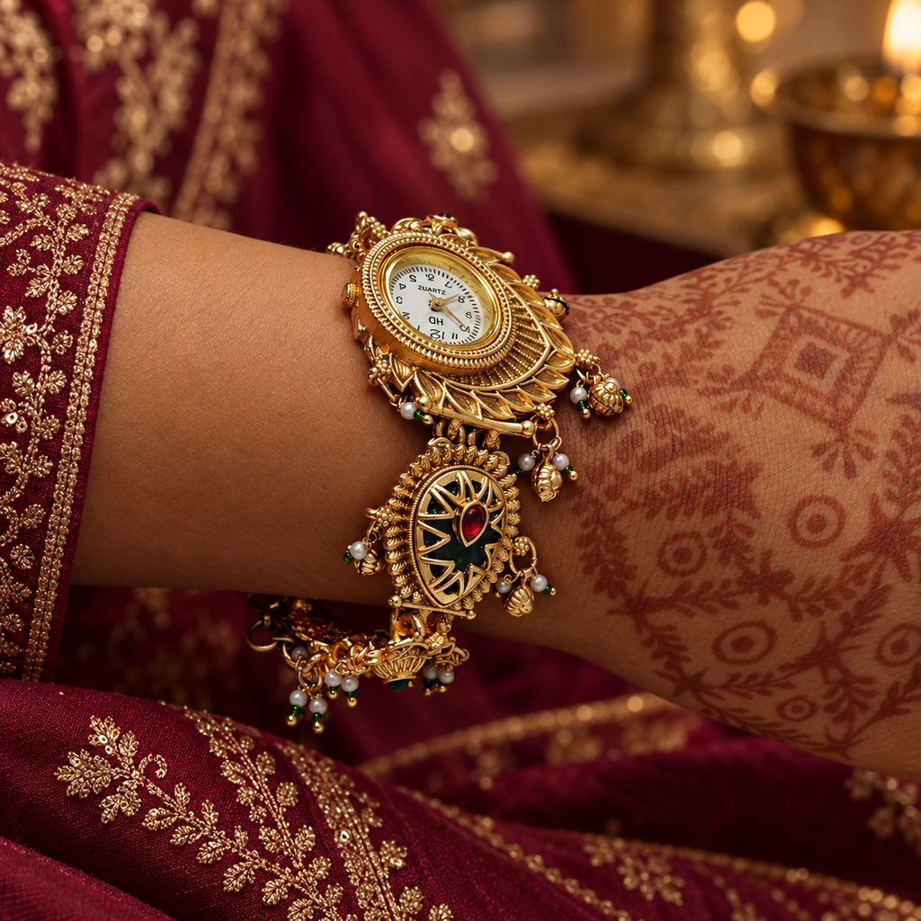 Model wearing the Noor Antique Enamel Kashmiri Jewellery Watch with a wine outfit