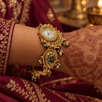 Model wearing the Noor Antique Enamel Kashmiri Jewellery Watch with a wine outfit
