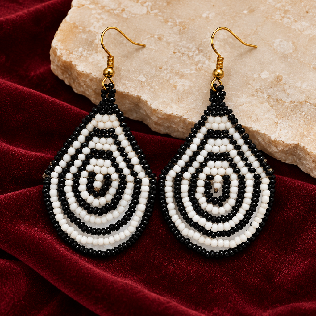 Noor Black & White Concentric Teardrop Earrings | MyJhumki