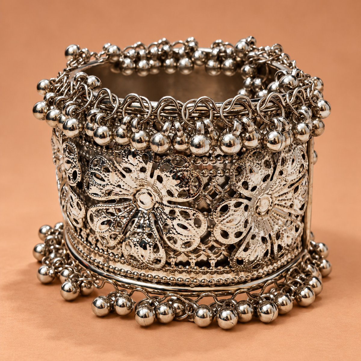 Noor Floral Filigree Ghungroo Cuff Bracelet | MyJhumki