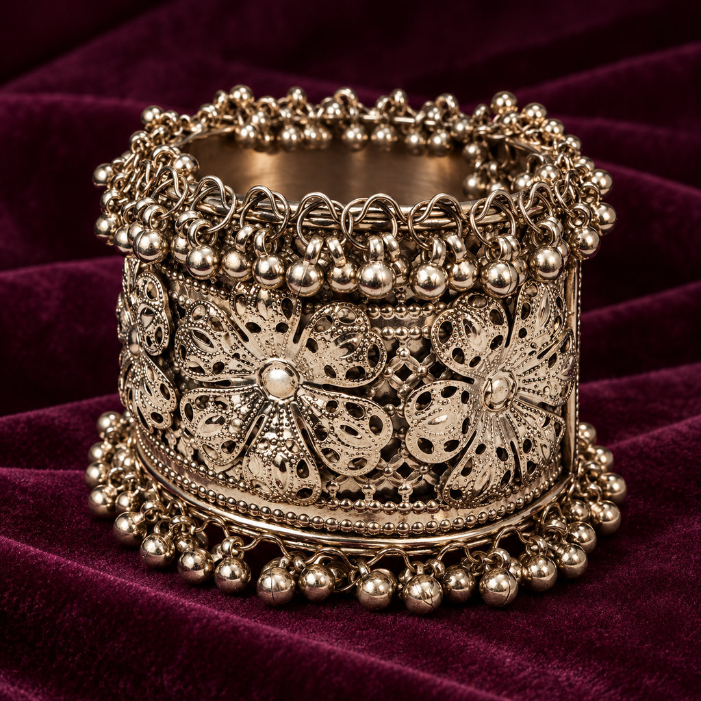Noor Floral Filigree Ghungroo Cuff Bracelet | MyJhumki