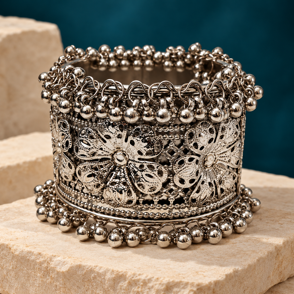 Noor Floral Filigree Ghungroo Cuff Bracelet | MyJhumki