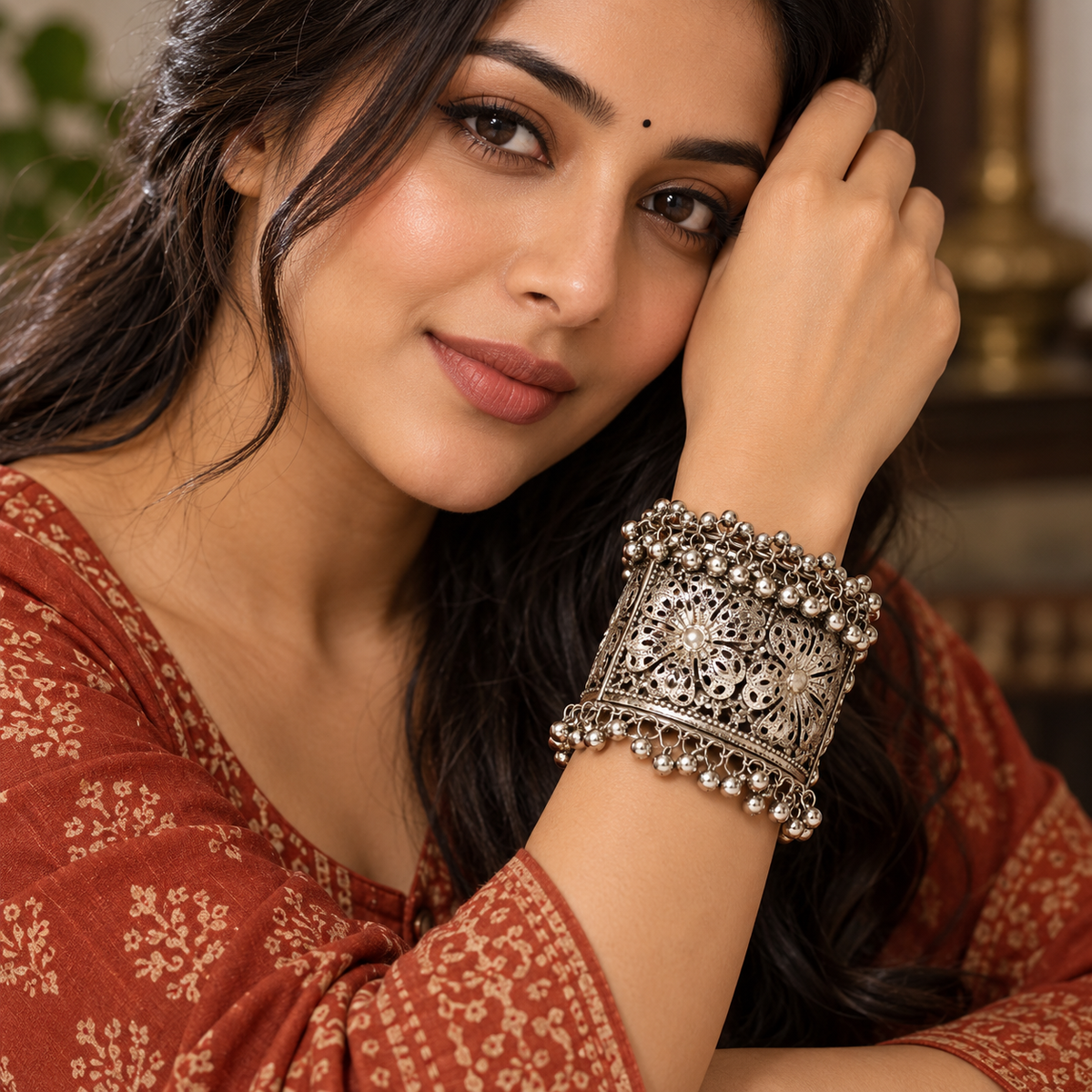 Noor Floral Filigree Ghungroo Cuff Bracelet | MyJhumki