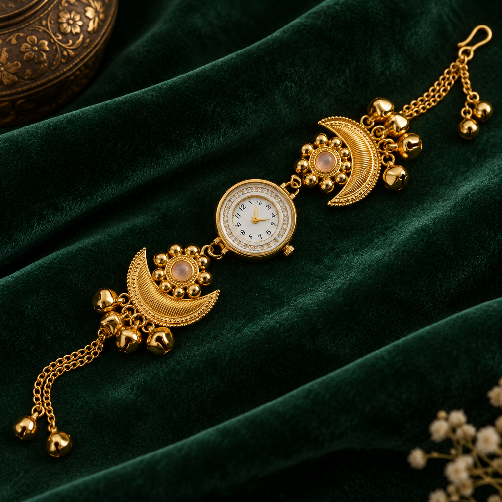 Noor Peach Crescent Ghungroo Kashmiri Watch | MyJhumki