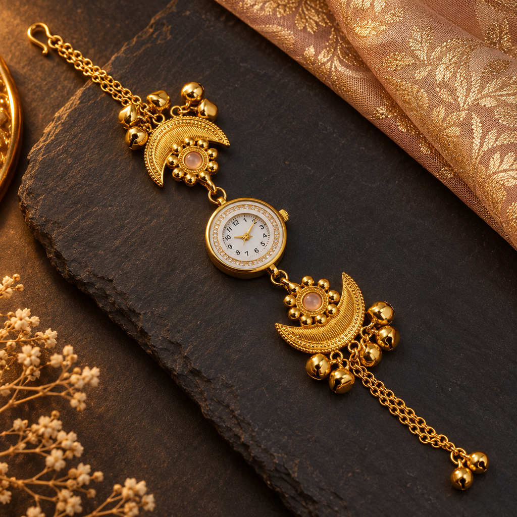 Noor Peach Crescent Ghungroo Kashmiri Watch | MyJhumki