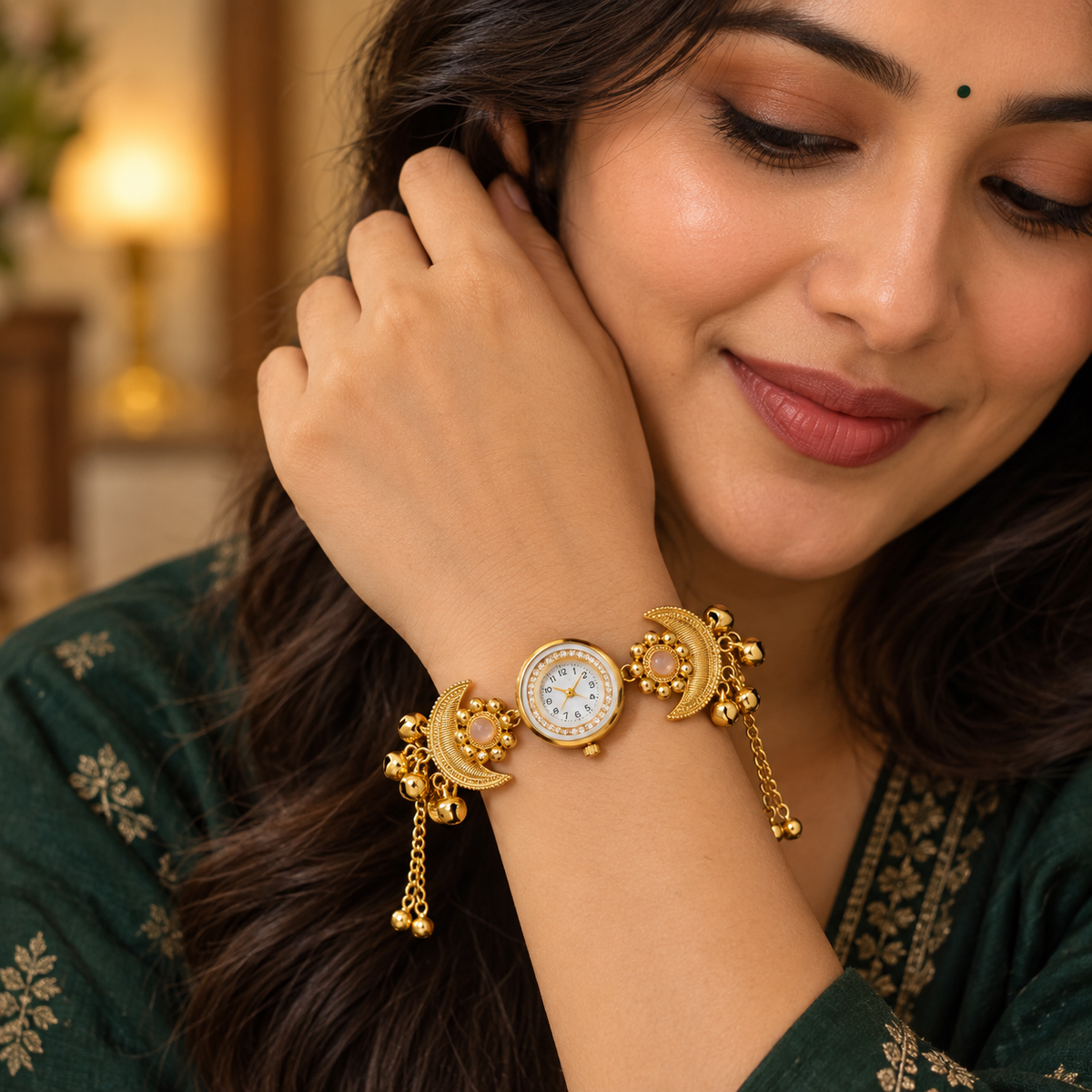 Noor Peach Crescent Ghungroo Kashmiri Watch | MyJhumki