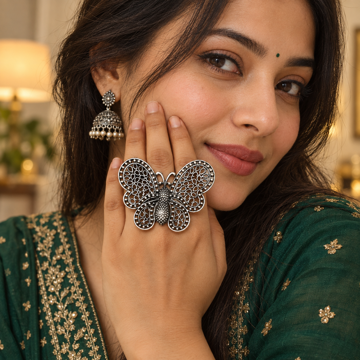 Noorjahan Oversized Oxidised Butterfly Ring | MyJhumki