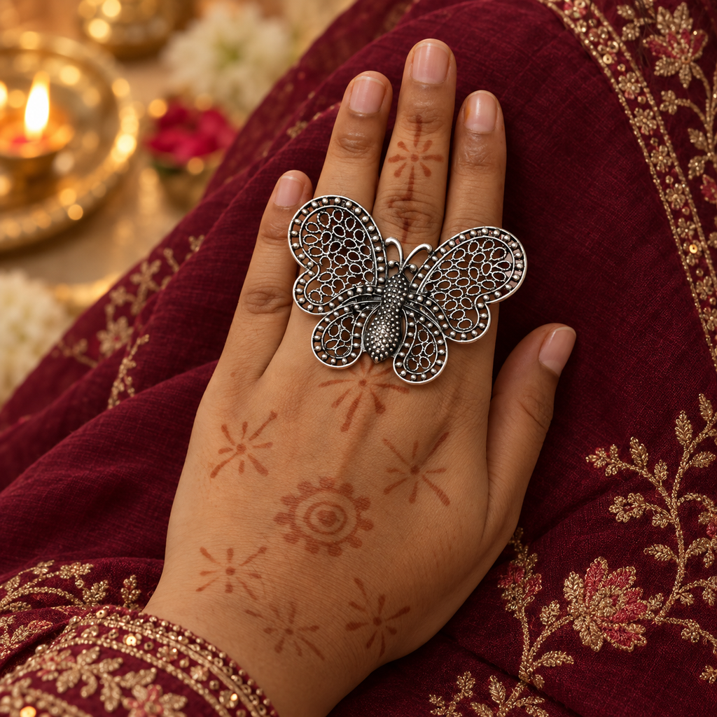 Noorjahan Oversized Oxidised Butterfly Ring | MyJhumki