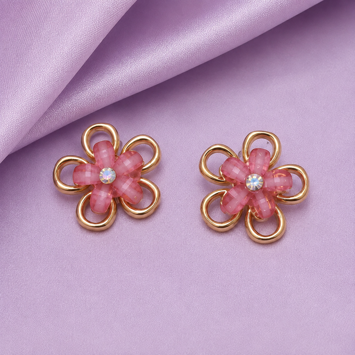 Petal Pop Pink Flower Stud Earrings – Gold-Tone on a lavender satin backdrop