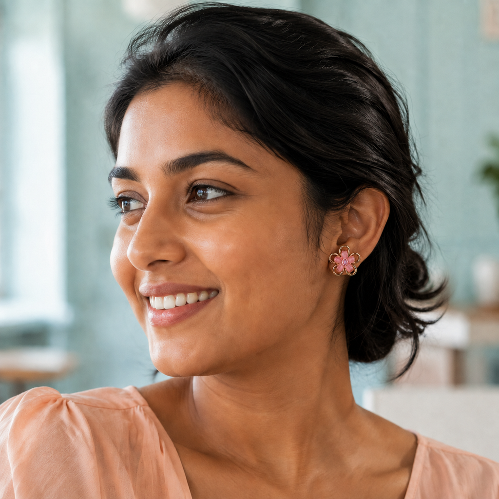 Petal Pop Pink Flower Stud Earrings – Gold-Tone worn by a model