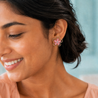 Model wearing the Petal Pop Pink Flower Stud Earrings – Gold-Tone — close-up