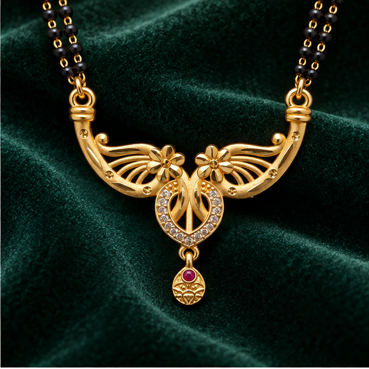 Phoolika Twin Blossom Gold-Tone Mangalsutra on an emerald velvet backdrop