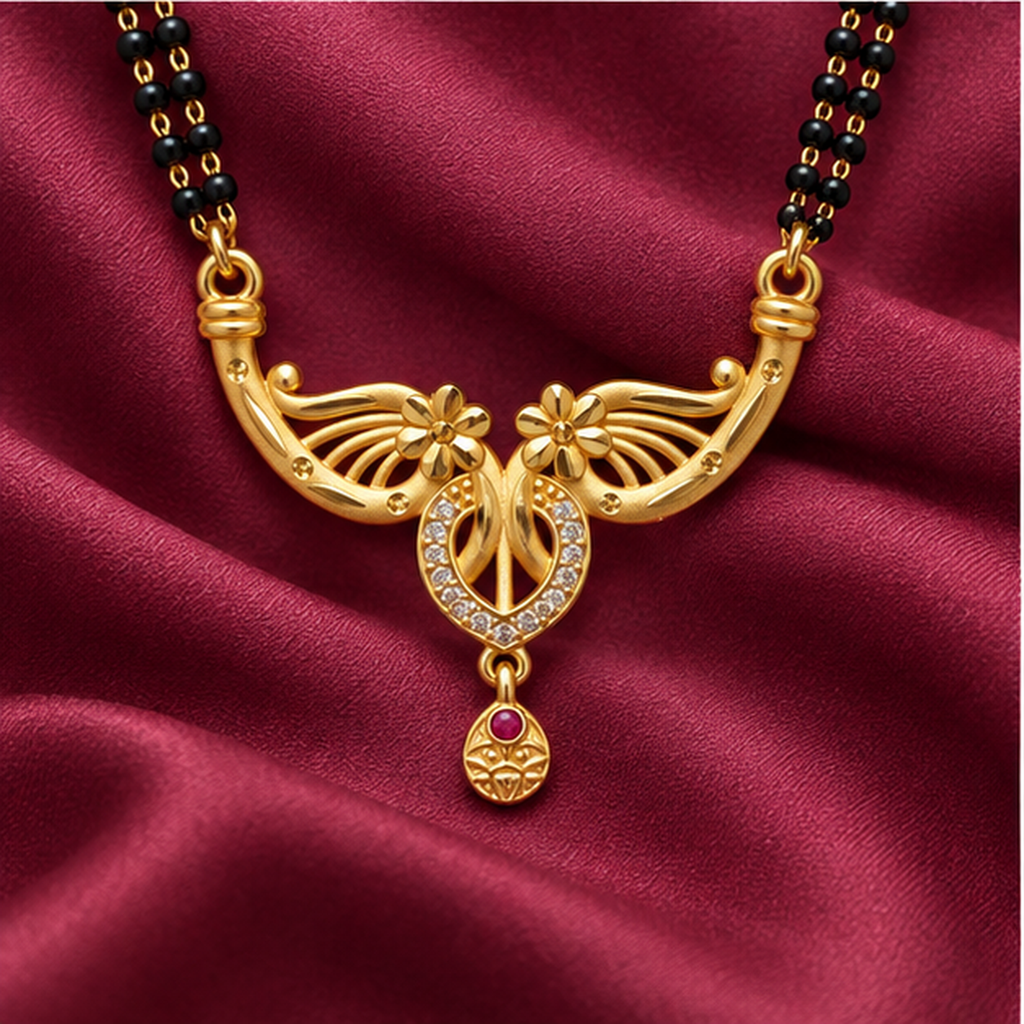Phoolika Twin Blossom Gold-Tone Mangalsutra on a berry rose silk backdrop