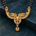 Phoolika Twin Blossom Gold-Tone Mangalsutra on a dark teal blue background