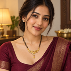 Model wearing the Phoolika Twin Blossom Gold-Tone Mangalsutra with a wine outfit