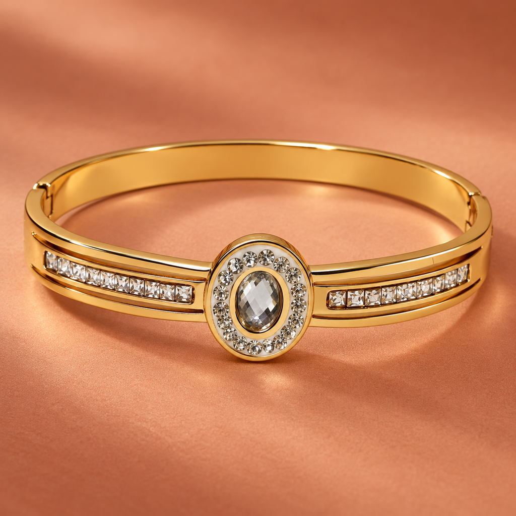 Prabha Oval Halo Crystal Gold Bracelet | MyJhumki