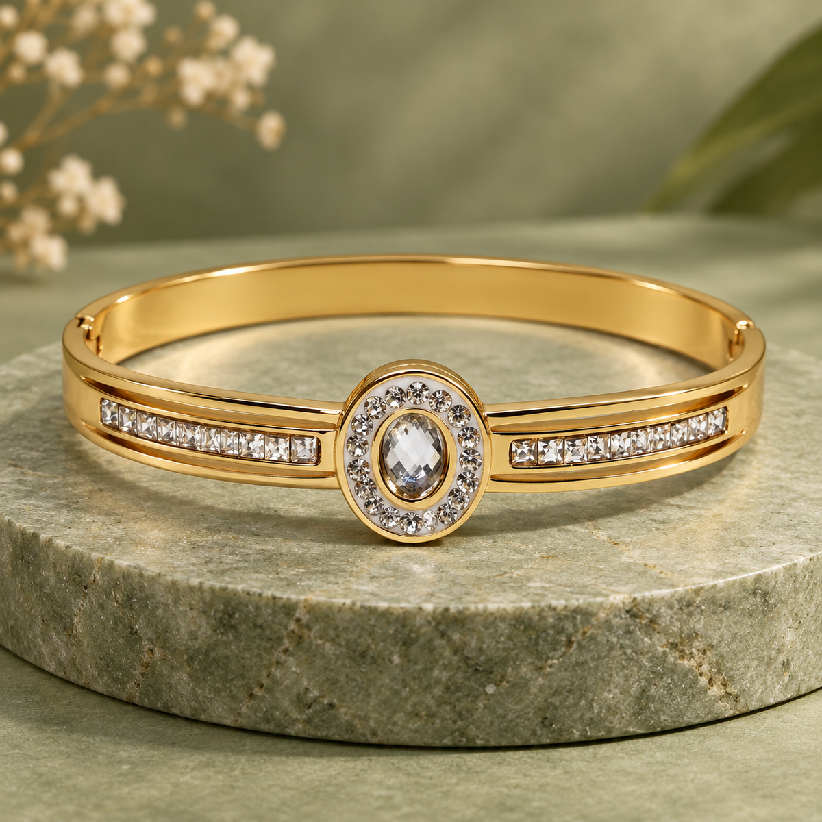 Prabha Oval Halo Crystal Gold Bracelet | MyJhumki