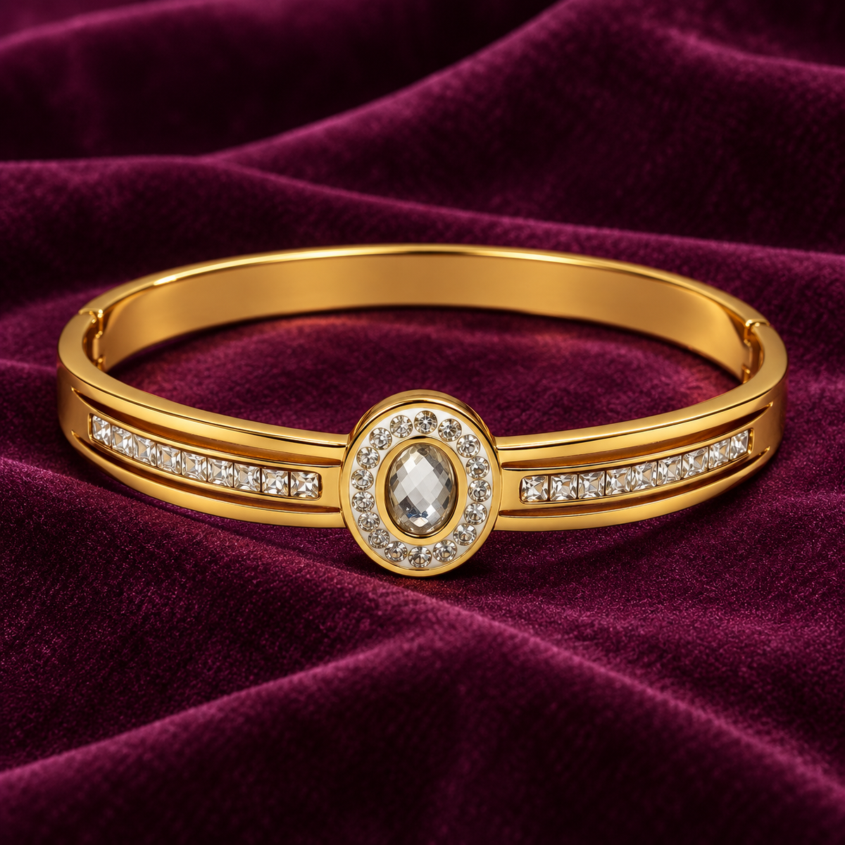 Prabha Oval Halo Crystal Gold Bracelet | MyJhumki