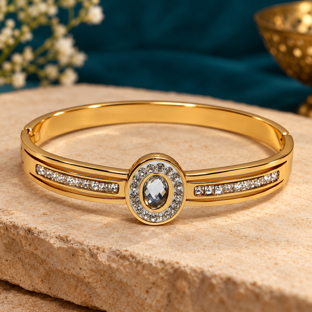 Prabha Oval Halo Crystal Gold Bracelet | MyJhumki