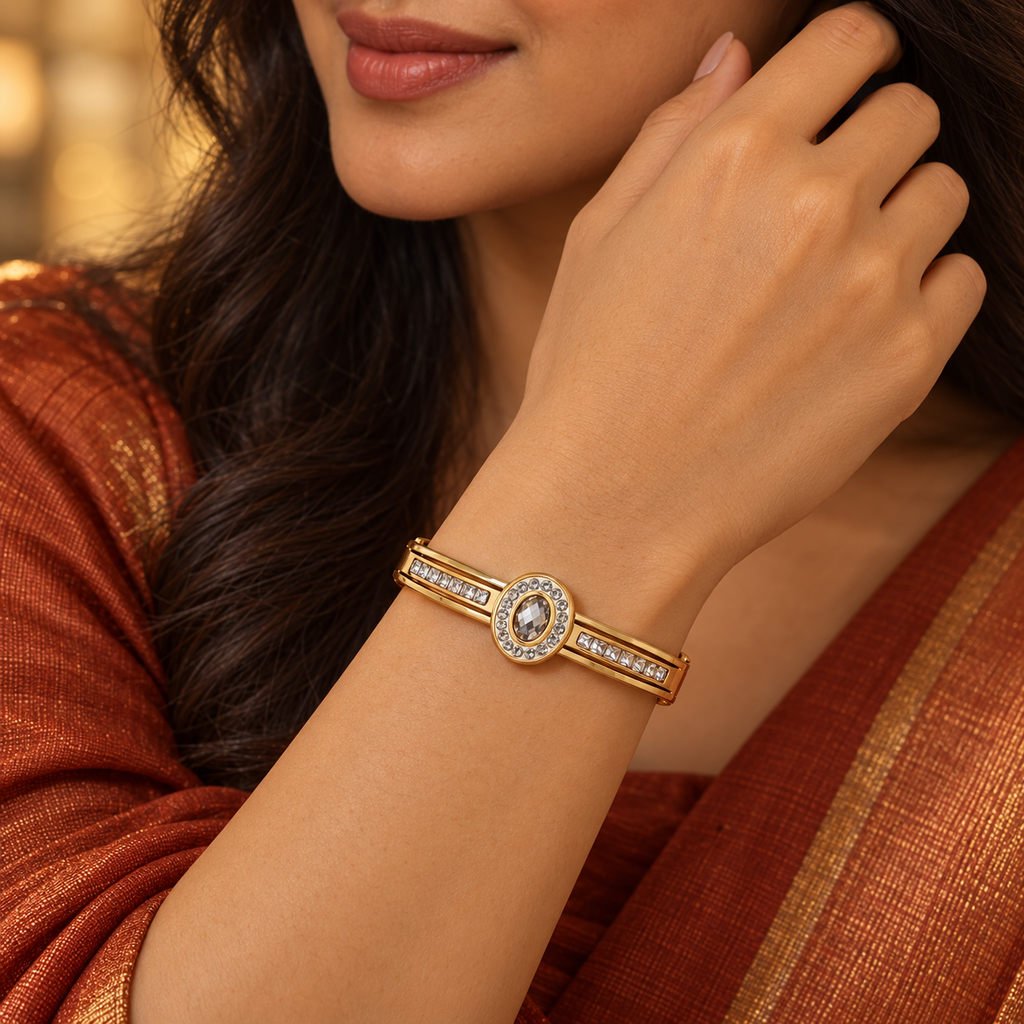 Prabha Oval Halo Crystal Gold Bracelet | MyJhumki