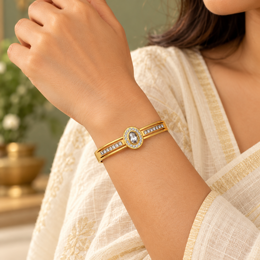 Prabha Oval Halo Crystal Gold Bracelet | MyJhumki